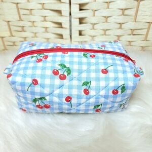 Handmade Quilted Boxy Bag Cherries Blue Plaid Makeup Travel Lined